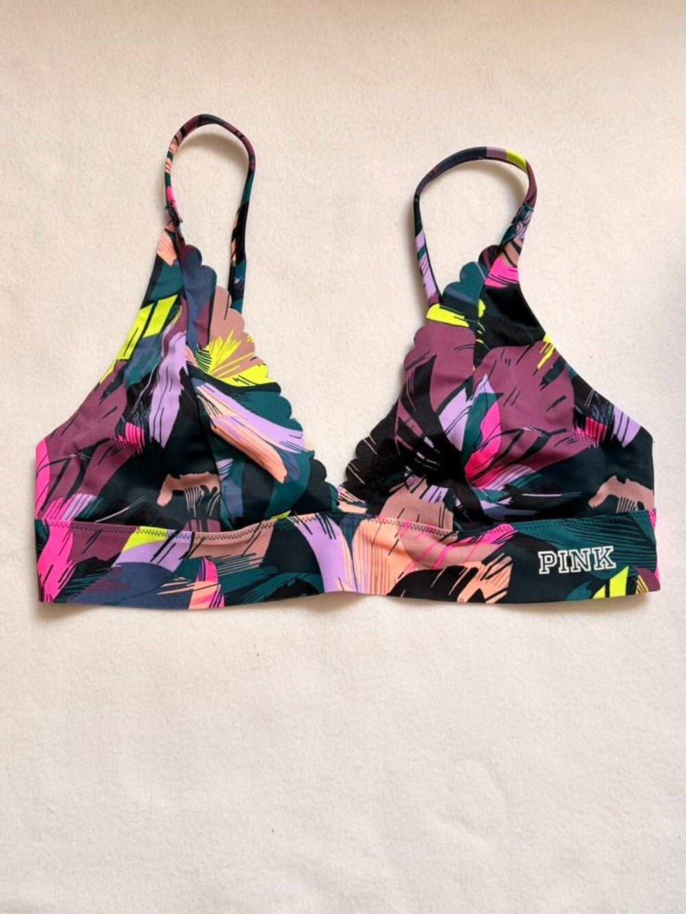 PINK Victoria Secret bralette/bikini top, neon floral palm, scalloped